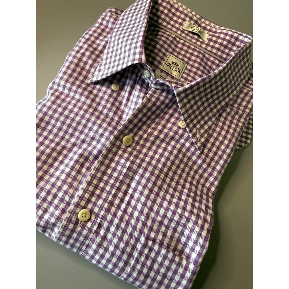 Peter Millar Nanoluxe Easy Care Gingham Shirt Men Large Purple White Button-Down